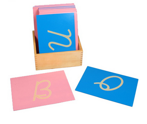 Uppercase and cursive sandpaper alphabet with Montessori box